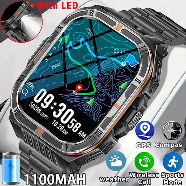 New Smart Watch Men 2.01"HD Screen 3ATM Waterproof Flashlight Health Monitor 1100mAh Battery Sport Bluetooth Call Smartwatch