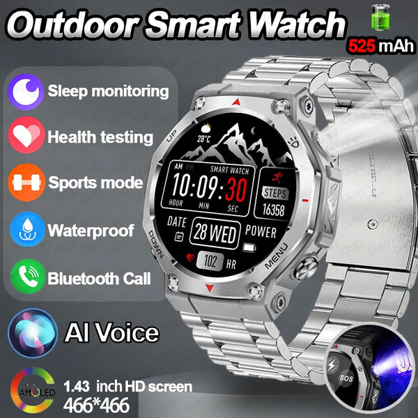 New Smart Watch  Outdoor LED/UV Lights 525mAh Battery 100+Sports Mode Heart Rate 3ATM Waterproof Bluetooth Call Men Smart Watch