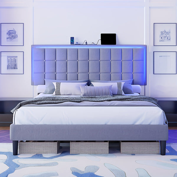PAPABABE Modern Button Tufted Upholstered Platform Bed Frame with RGBW LED Headboard, Charging Station (2 AC Outlets/USB/Type-C), Hardwood MDF Construction, Under-Bed Storage & Noise-Free Support, Bedroom Furniture, Smart Hom