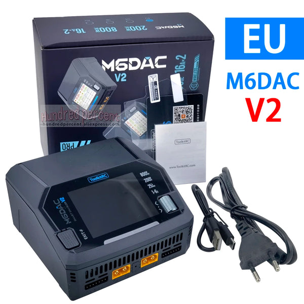 ToolkitRC M6DAC V2 Dual Channel Smart Lipo Battery Charger Discharger AC 200W DC 400WX2 16A for 1-6S LiHV LiPo PD 65W Model Car